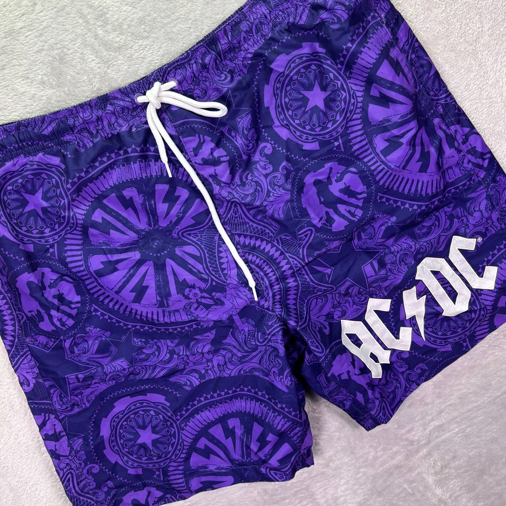 AC/DC Mens Swim Trunks Size Large Purple Graphic Print Rock Band Board Shorts